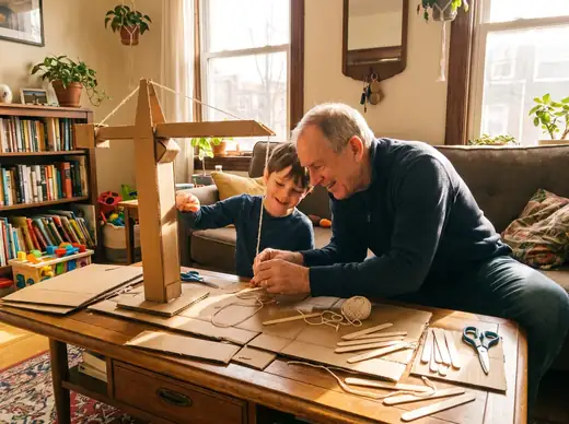 Avô e neto constroem um guindaste de papelão