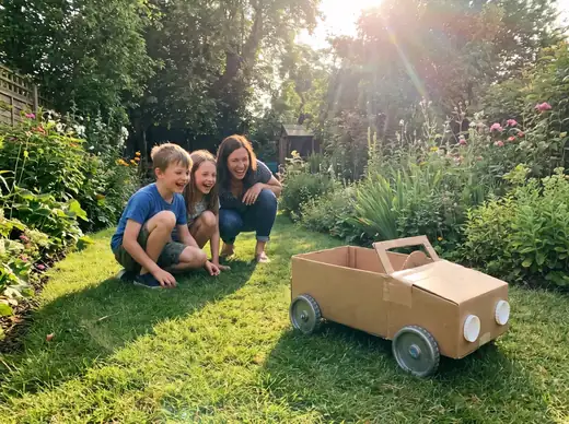 Duas crianças e a mãe testam um carrinho de papelão no jardim