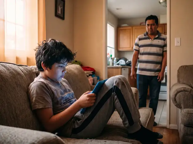 Um menino olhando o tablet no sofá enquanto o pai o observa da cozinha